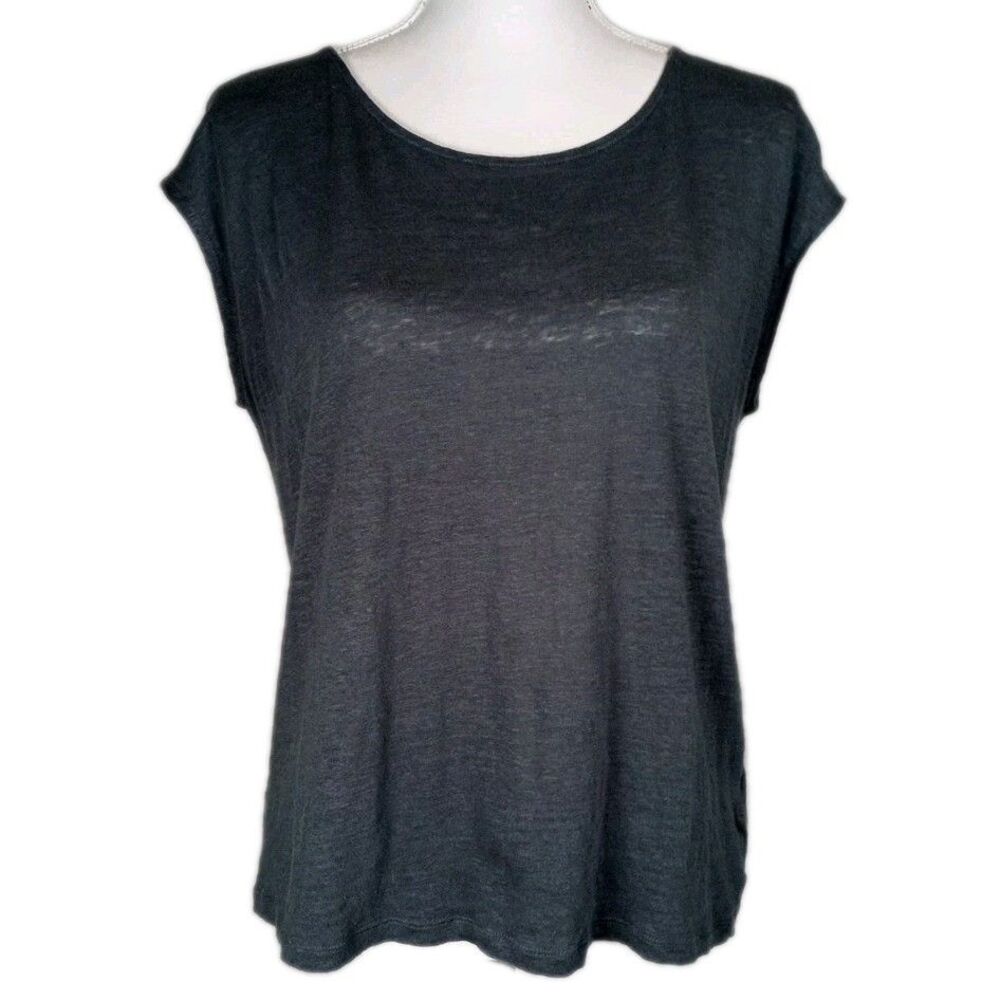 TAHARI 100% Linen Boxy Sleeveless Shirt Tank Shell Army Blue Minimal Lagenlook L